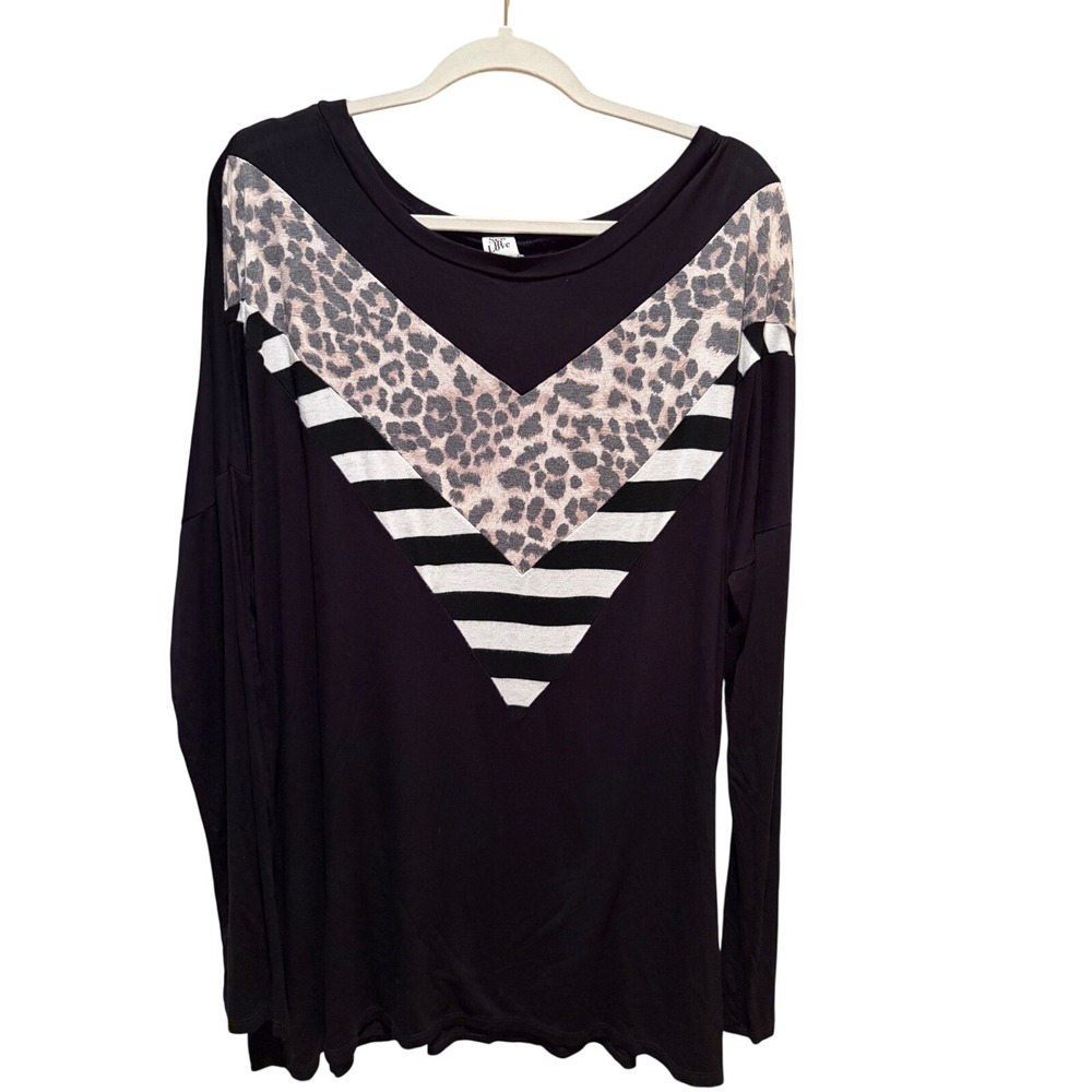 Sew In Love Womens 2X Black Leopard Chevron Striped Long Sleeve Top ET17-344TRX